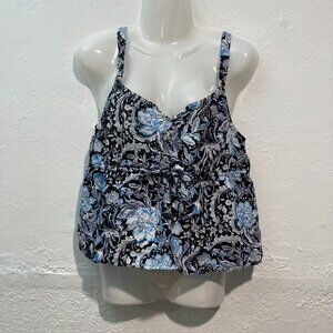Tahari Cropped 100% Linen Top Blue Floral Babydoll Straps Beachy Size M